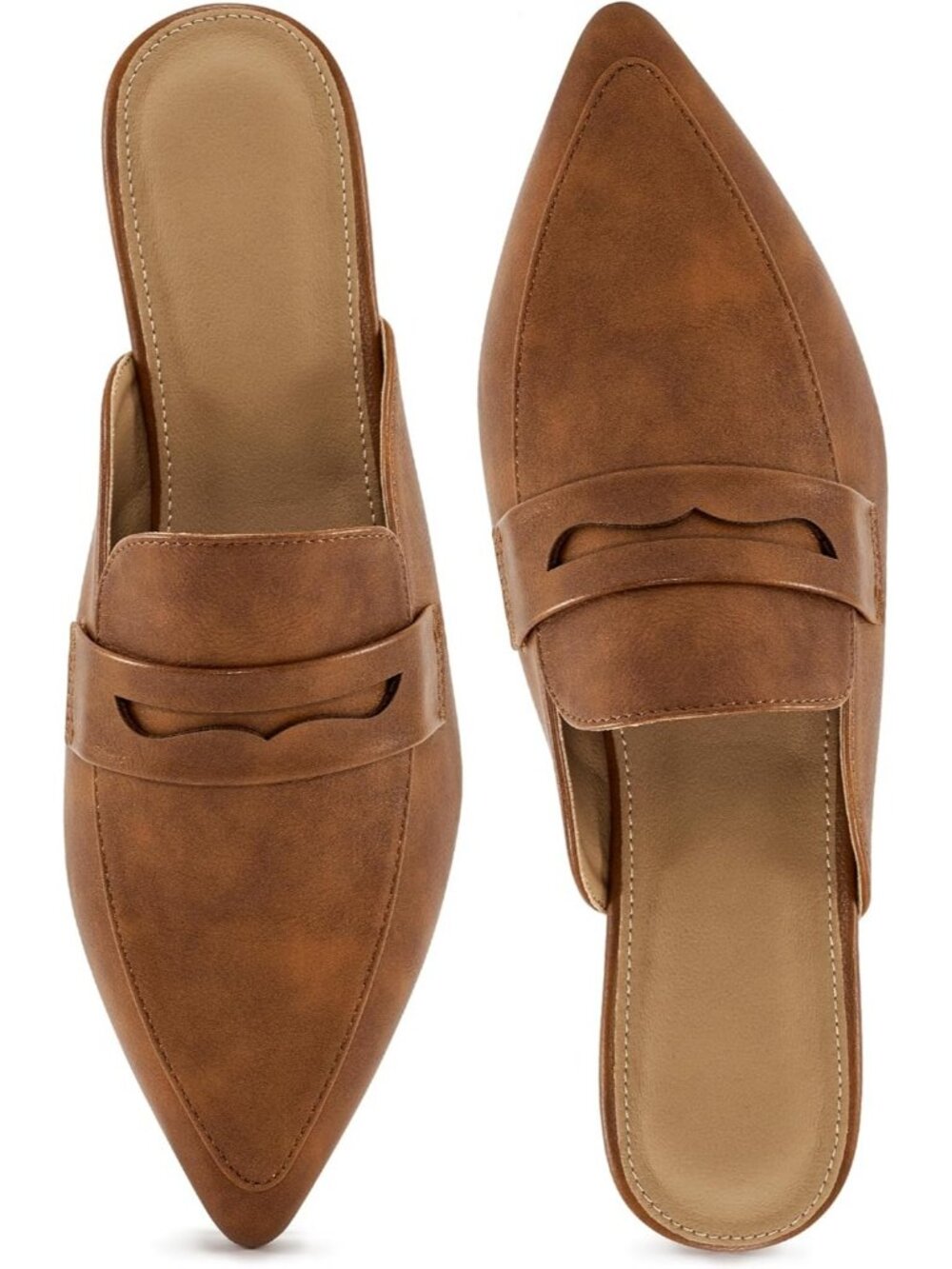 Women's Mules Light Brown Slingback Flats Pointed Toe Backless Loafers Shoes